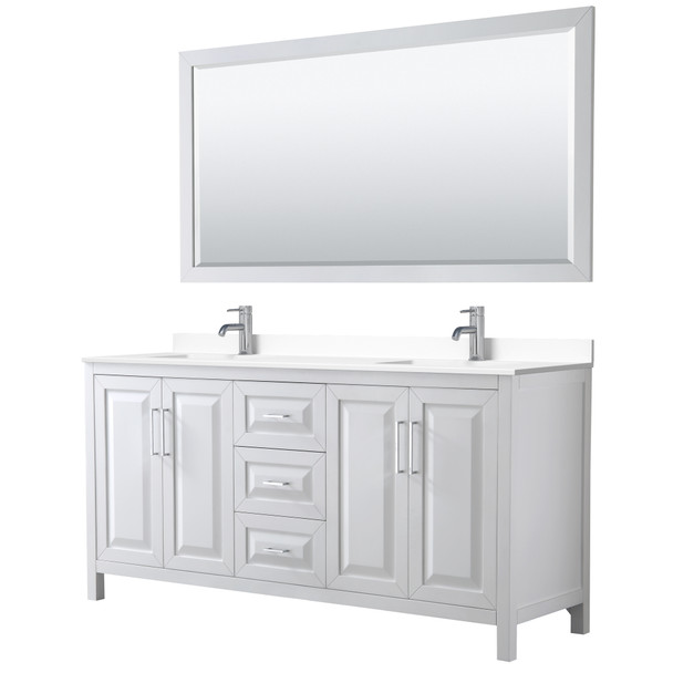 Daria 72 Inch Double Bathroom Vanity In White, White Cultured Marble Countertop, Undermount Square Sinks, 70 Inch Mirror