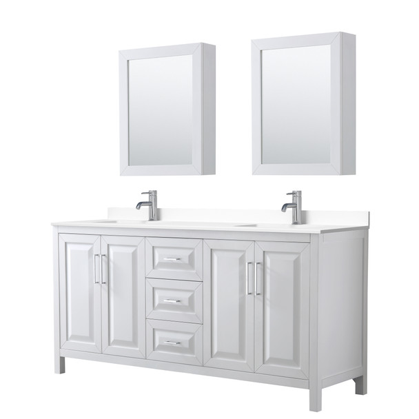 Daria 72 Inch Double Bathroom Vanity In White, White Cultured Marble Countertop, Undermount Square Sinks, Medicine Cabinets