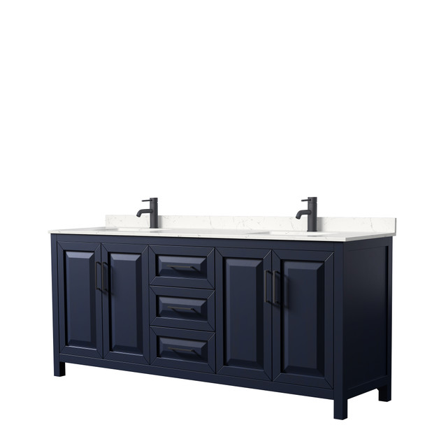 Daria 80 Inch Double Bathroom Vanity In Dark Blue, Carrara Cultured Marble Countertop, Undermount Square Sinks, Matte Black Trim