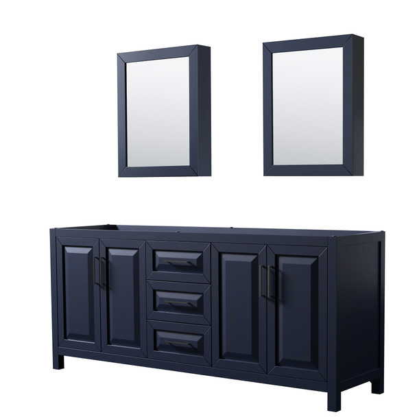 Daria 80 Inch Double Bathroom Vanity In Dark Blue, No Countertop, No Sink, Matte Black Trim, Medicine Cabinets