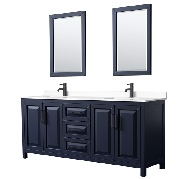 Daria 80 Inch Double Bathroom Vanity In Dark Blue, White Cultured Marble Countertop, Undermount Square Sinks, Matte Black Trim, 24 Inch Mirrors