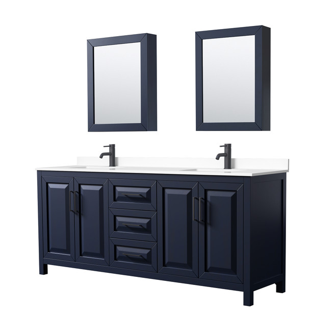 Daria 80 Inch Double Bathroom Vanity In Dark Blue, White Cultured Marble Countertop, Undermount Square Sinks, Matte Black Trim, Medicine Cabinets