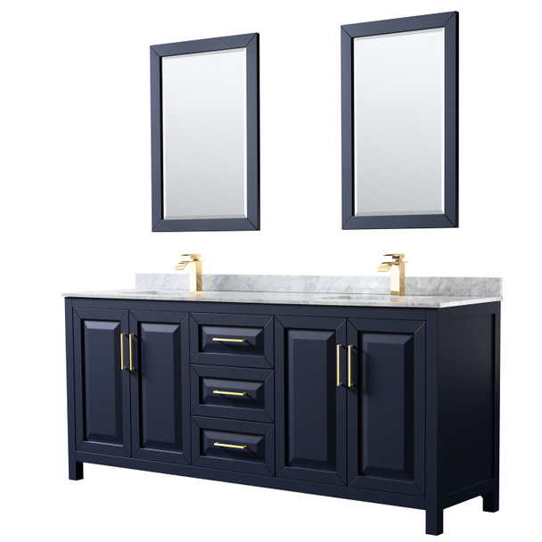 Daria 80 Inch Double Bathroom Vanity In Dark Blue, White Carrara Marble Countertop, Undermount Square Sinks, 24 Inch Mirrors