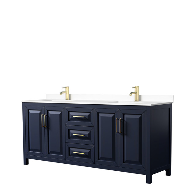 Daria 80 Inch Double Bathroom Vanity In Dark Blue, White Cultured Marble Countertop, Undermount Square Sinks, No Mirror