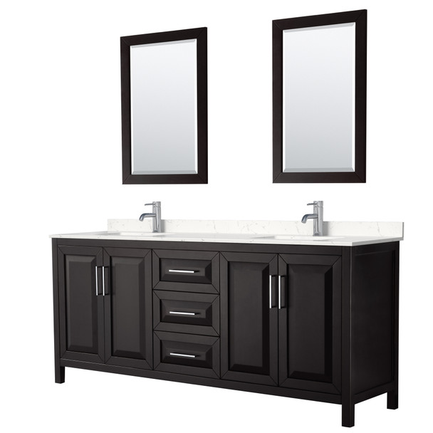 Daria 80 Inch Double Bathroom Vanity In Dark Espresso, Carrara Cultured Marble Countertop, Undermount Square Sinks, 24 Inch Mirrors