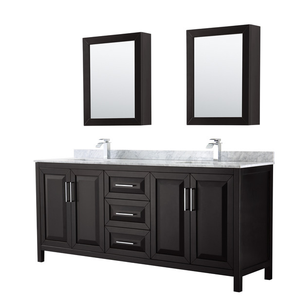 Daria 80 Inch Double Bathroom Vanity In Dark Espresso, White Carrara Marble Countertop, Undermount Square Sinks, And Medicine Cabinets