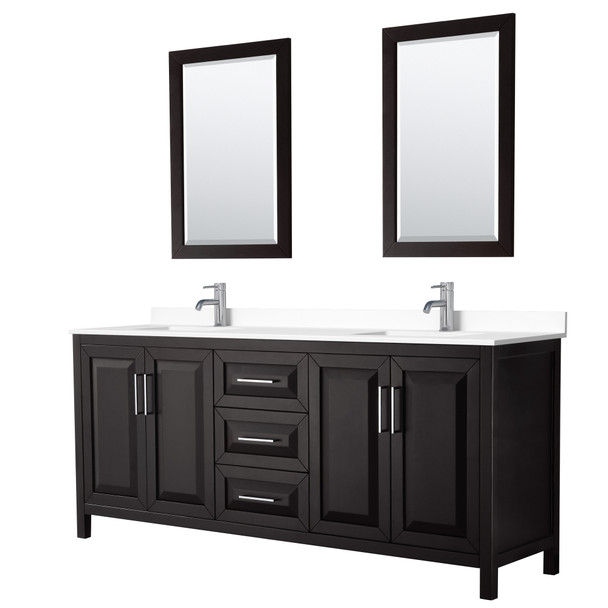 Daria 80 Inch Double Bathroom Vanity In Dark Espresso, White Cultured Marble Countertop, Undermount Square Sinks, 24 Inch Mirrors