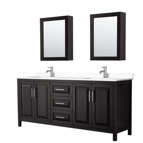 Daria 80 Inch Double Bathroom Vanity In Dark Espresso, White Cultured Marble Countertop, Undermount Square Sinks, Medicine Cabinets