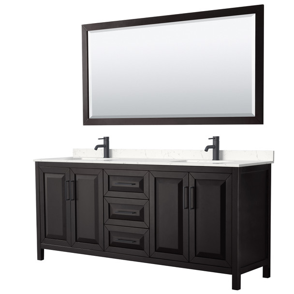 Daria 80 Inch Double Bathroom Vanity In Dark Espresso, Carrara Cultured Marble Countertop, Undermount Square Sinks, Matte Black Trim, 70 Inch Mirror