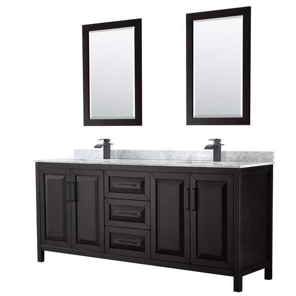Daria 80 Inch Double Bathroom Vanity In Dark Espresso, White Carrara Marble Countertop, Undermount Square Sinks, Matte Black Trim, 24 Inch Mirrors