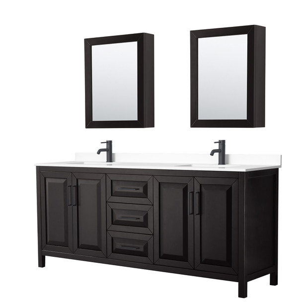 Daria 80 Inch Double Bathroom Vanity In Dark Espresso, White Cultured Marble Countertop, Undermount Square Sinks, Matte Black Trim, Medicine Cabinets
