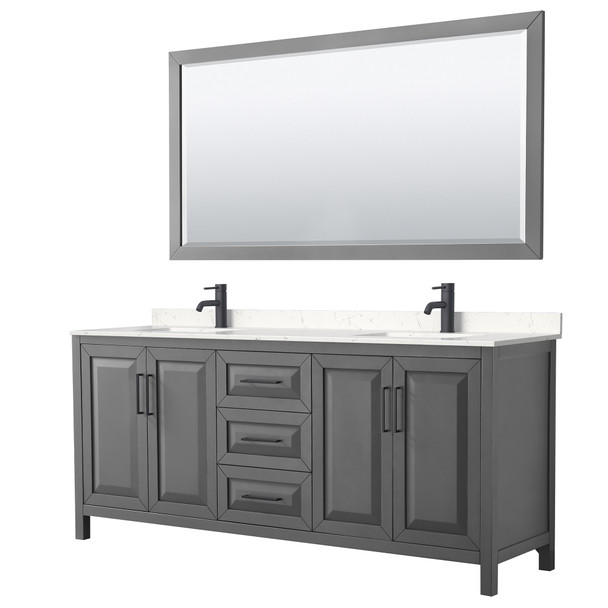 Daria 80 Inch Double Bathroom Vanity In Dark Gray, Carrara Cultured Marble Countertop, Undermount Square Sinks, Matte Black Trim, 70 Inch Mirror