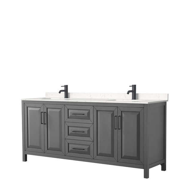 Daria 80 Inch Double Bathroom Vanity In Dark Gray, Carrara Cultured Marble Countertop, Undermount Square Sinks, Matte Black Trim