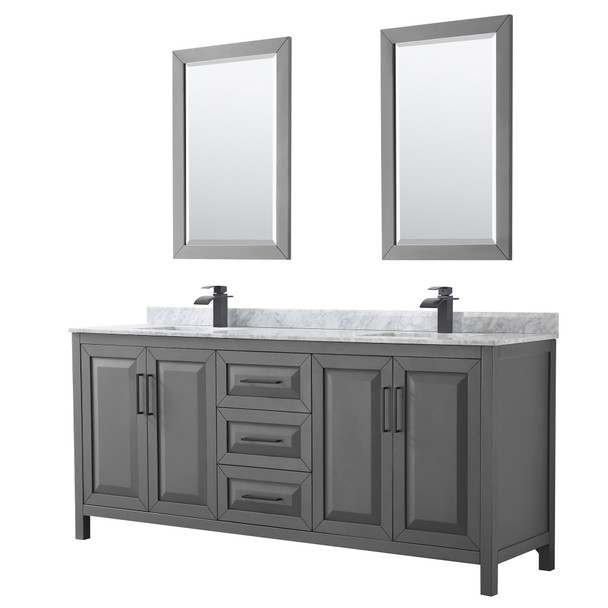 Daria 80 Inch Double Bathroom Vanity In Dark Gray, White Carrara Marble Countertop, Undermount Square Sinks, Matte Black Trim, 24 Inch Mirrors