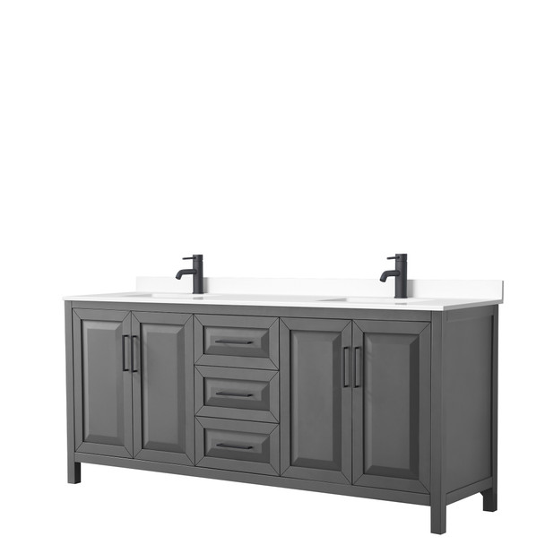 Daria 80 Inch Double Bathroom Vanity In Dark Gray, White Cultured Marble Countertop, Undermount Square Sinks, Matte Black Trim