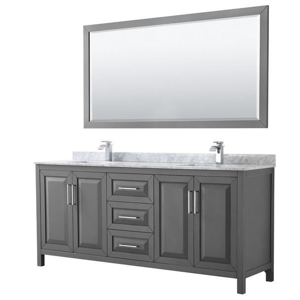 Daria 80 Inch Double Bathroom Vanity In Dark Gray, White Carrara Marble Countertop, Undermount Square Sinks, And 70 Inch Mirror