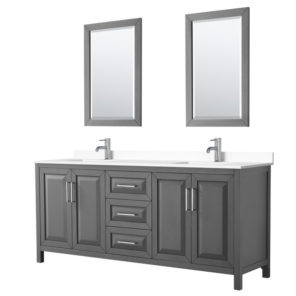 Daria 80 Inch Double Bathroom Vanity In Dark Gray, White Cultured Marble Countertop, Undermount Square Sinks, 24 Inch Mirrors