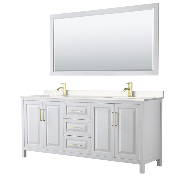 Daria 80 Inch Double Bathroom Vanity In White, Carrara Cultured Marble Countertop, Undermount Square Sinks, 70 Inch Mirror, Brushed Gold Trim