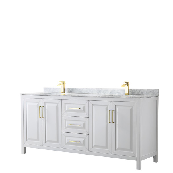 Daria 80 Inch Double Bathroom Vanity In White, White Carrara Marble Countertop, Undermount Square Sinks, Brushed Gold Trim