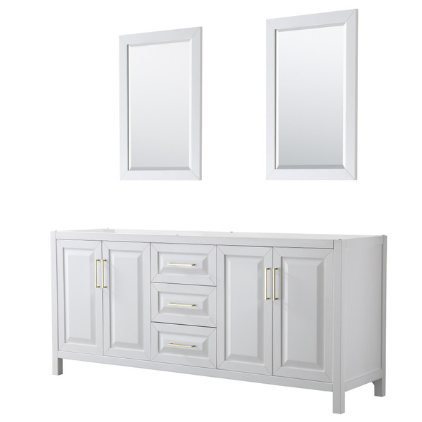 Daria 80 Inch Double Bathroom Vanity In White, No Countertop, No Sink, 24 Inch Mirrors, Brushed Gold Trim