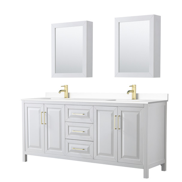 Daria 80 Inch Double Bathroom Vanity In White, White Cultured Marble Countertop, Undermount Square Sinks, Medicine Cabinets, Brushed Gold Trim