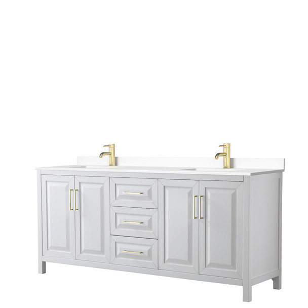 Daria 80 Inch Double Bathroom Vanity In White, White Cultured Marble Countertop, Undermount Square Sinks, Brushed Gold Trim