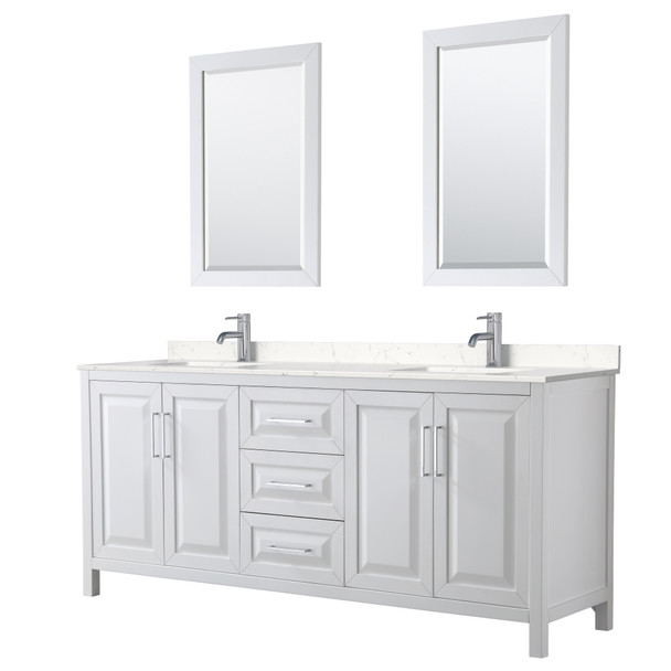 Daria 80 Inch Double Bathroom Vanity In White, Carrara Cultured Marble Countertop, Undermount Square Sinks, 24 Inch Mirrors