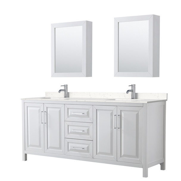 Daria 80 Inch Double Bathroom Vanity In White, Carrara Cultured Marble Countertop, Undermount Square Sinks, Medicine Cabinets