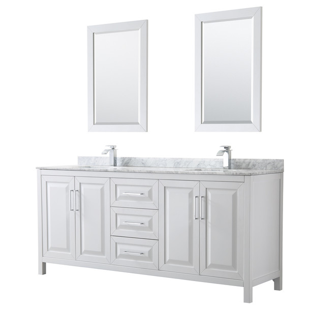 Daria 80 Inch Double Bathroom Vanity In White, White Carrara Marble Countertop, Undermount Square Sinks, And 24 Inch Mirrors