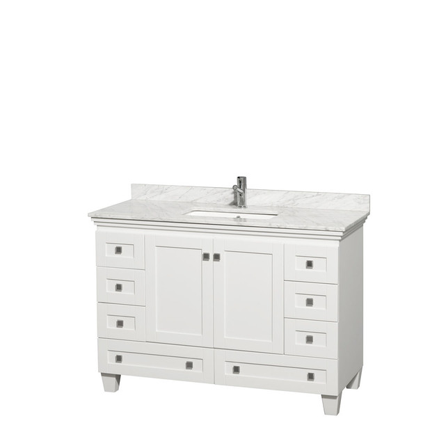 Acclaim 48 Inch Single Bathroom Vanity In White, White Carrara Marble Countertop, Undermount Square Sink, And No Mirror