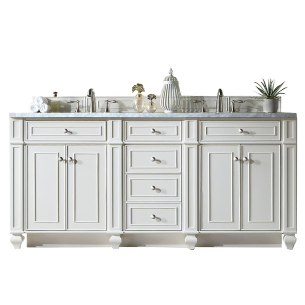 Bristol 72" Double Vanity, Bright White, W/ 3 Cm Carrara Marble Top