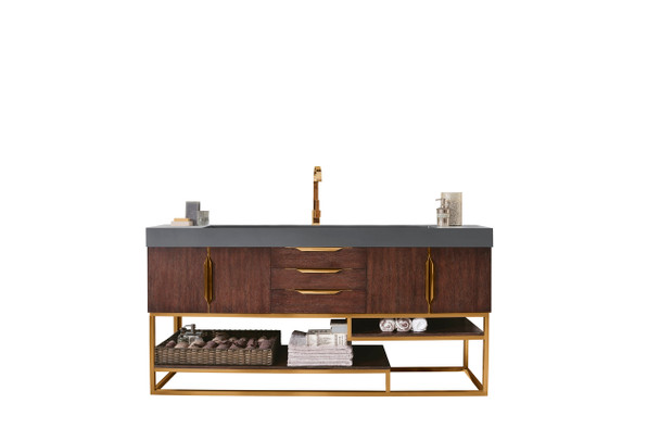 Columbia 72" Single Vanity, Coffee Oak, Radiant Gold W/ Dusk Grey Glossy Composite Top