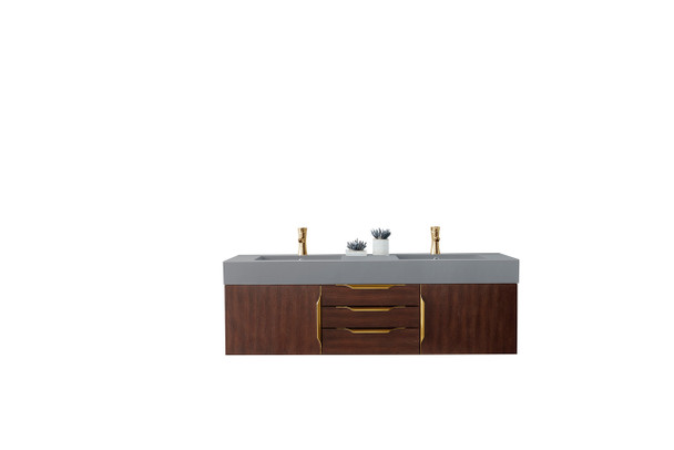 Mercer Island 59" Double Vanity, Coffee Oak, Radiant Gold W/ Dusk Grey Glossy Composite Top