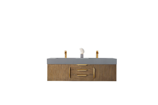 Mercer Island 59" Double Vanity, Latte Oak, Radiant Gold W/ Dusk Grey Glossy Composite Top