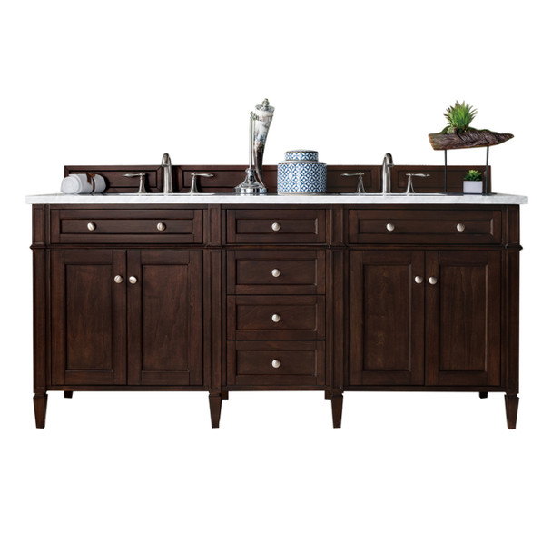 Brittany 72" Burnished Mahogany Double Vanity W/ 3 Cm Carrara Marble Top