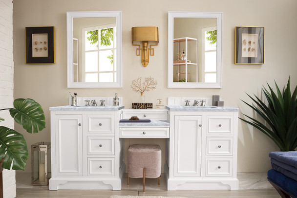 De Soto 82" Double Vanity Set, Bright White W/ Makeup Table, 3 Cm Carrara Marble Top
