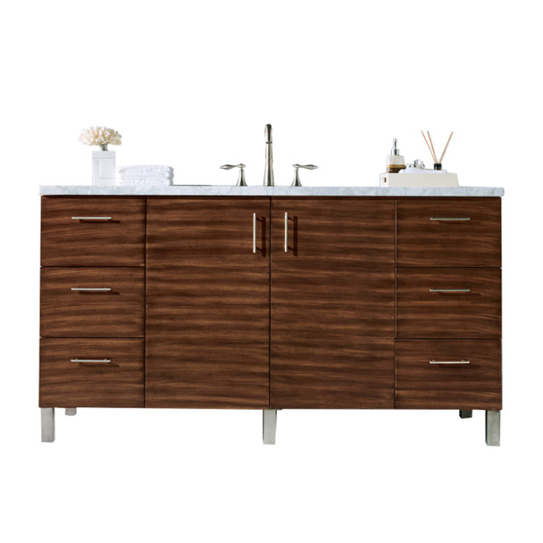 Metropolitan 60" American Walnut Single Vanity W/ 3 Cm Carrara Marble Top