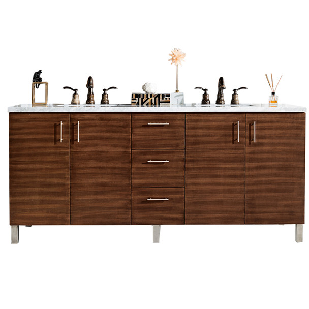 Metropolitan 72" American Walnut Double Vanity W/ 3 Cm Carrara Marble Top