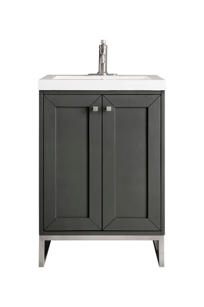 Chianti 24" Single Vanity Cabinet, Mineral Grey, Brushed Nickel, W/ White Glossy Composite Countertop