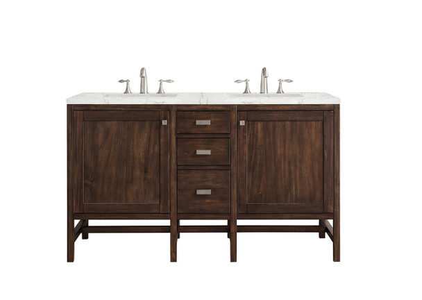 Addison 60" Double Vanity Cabinet, Mid Century Acacia, W/ 3 Cm Eternal Jasmine Pearl Quartz Top