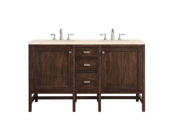Addison 60" Double Vanity Cabinet, Mid Century Acacia, W/ 3 Cm Eternal Marfil Quartz Top