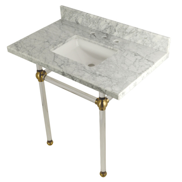 Kingston Brass KVPB36MASQ7 Templeton 36" x 22" Carrara Marble Vanity Top with Clear Acrylic Console Legs, Carrara Marble/Brushed Brass