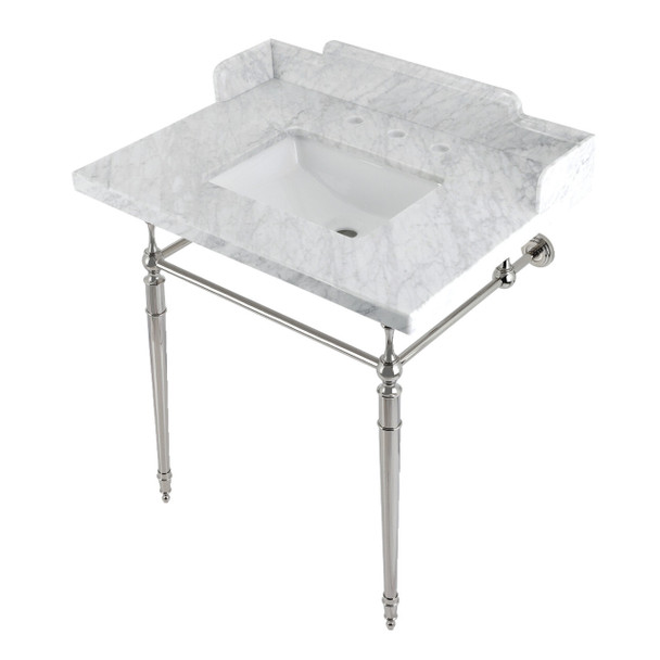 Kingston Brass LMS3022M8SQ6 Habsburg 30" Carrara Marble Console Sink with Brass Legs, Marble White/Polished Nickel