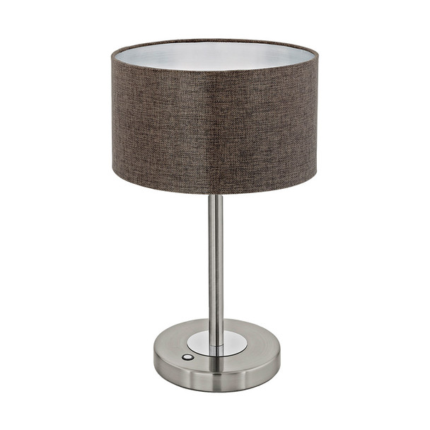 Eglo 1x12w Led Table Lamp W/ Stain Nickel/chrome Finish & Brown Linen Shade - 95343A