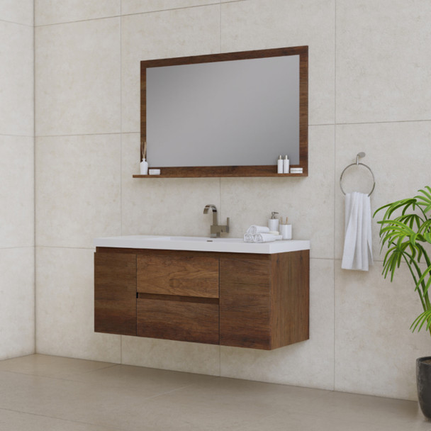 Paterno 48 Inch Modern Wall Mounted Bathroom Vanity, Rosewood