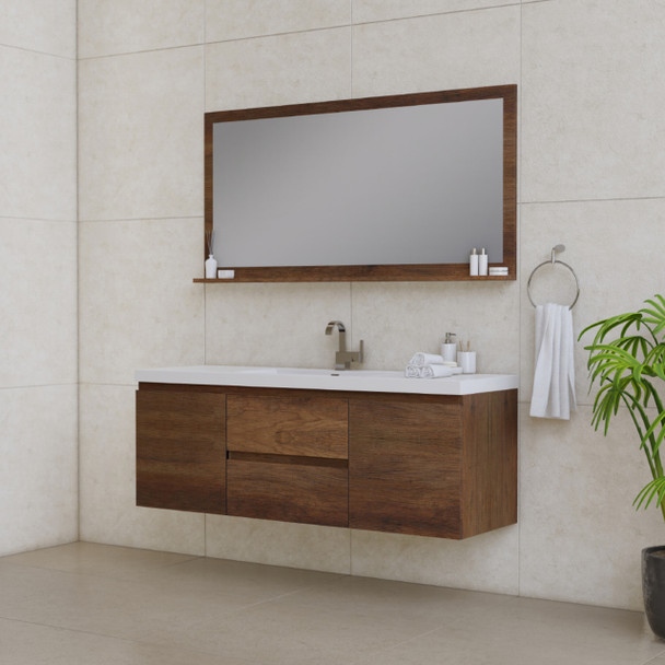 Paterno 60 Inch Single Modern Wall Mounted Bathroom Vanity, Rosewood