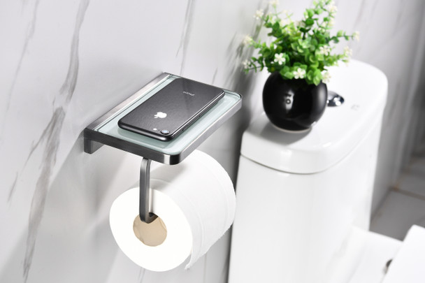 Bagno Bianca Stainless Steel White Glass Shelf W/ Toilet Paper Holder - Gun Metal