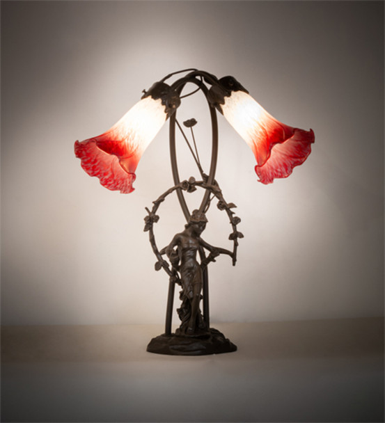 Meyda 17" High Red/white Pond Lily Tiffany Pond Lily 2 Light Trellis Girl Accent Lamp