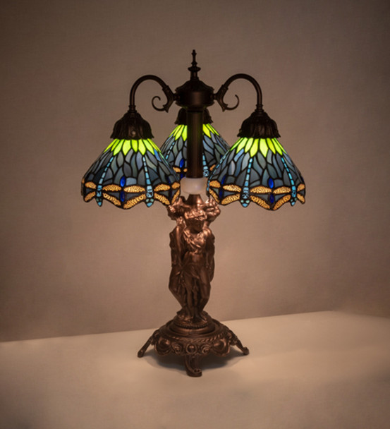 Meyda 23" High Tiffany Hanginghead Dragonfly 3 Light Table Lamp
