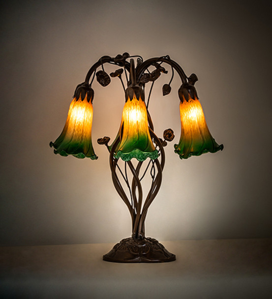 Meyda 18" High Amber/green Tiffany Pond Lily 6 Light Table Lamp